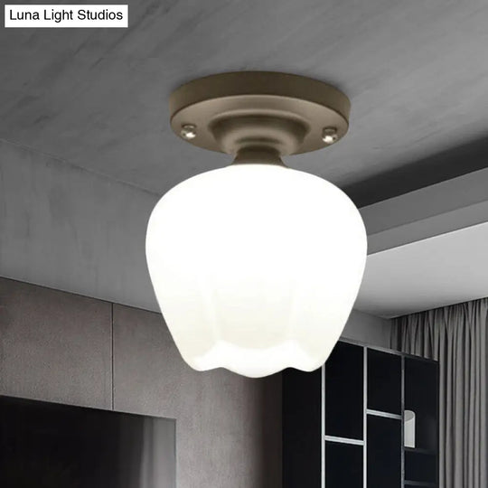 Industrial Semi Flush Light - Black Opal Glass Bowl Lighting Fixture For Corridor