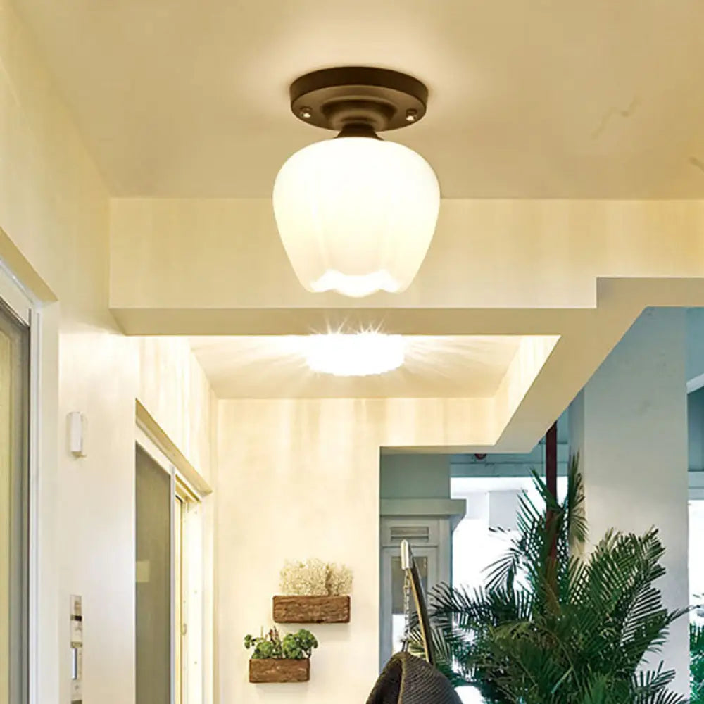 Industrial Semi Flush Light - Black Opal Glass Bowl Lighting Fixture For Corridor White