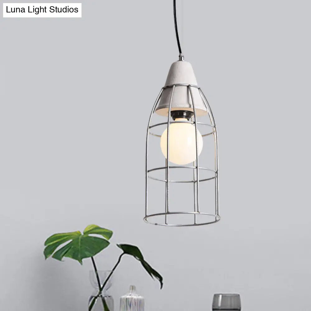 Industrial Silver Cylinder Pendant Light Fixture With Iron Head And Cage Design /