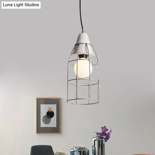 Industrial Silver Cage Pendant Light Fixture For Coffee House 1 Head Iron Cement Ceiling Lamp