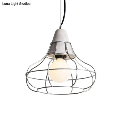 Industrial Silver Cage Pendant Light Fixture For Coffee House 1 Head Iron Cement Ceiling Lamp