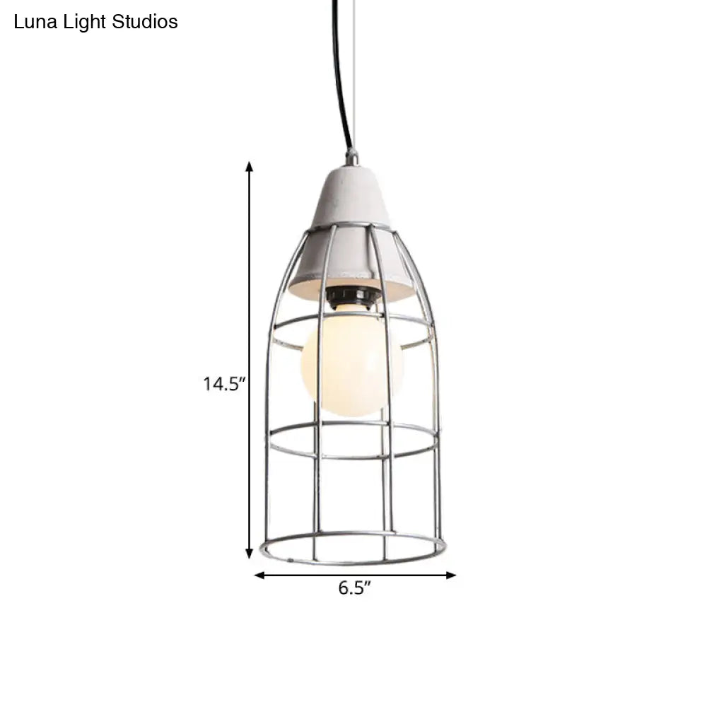 Industrial Silver Cylinder Pendant Light Fixture With Iron Head And Cage Design