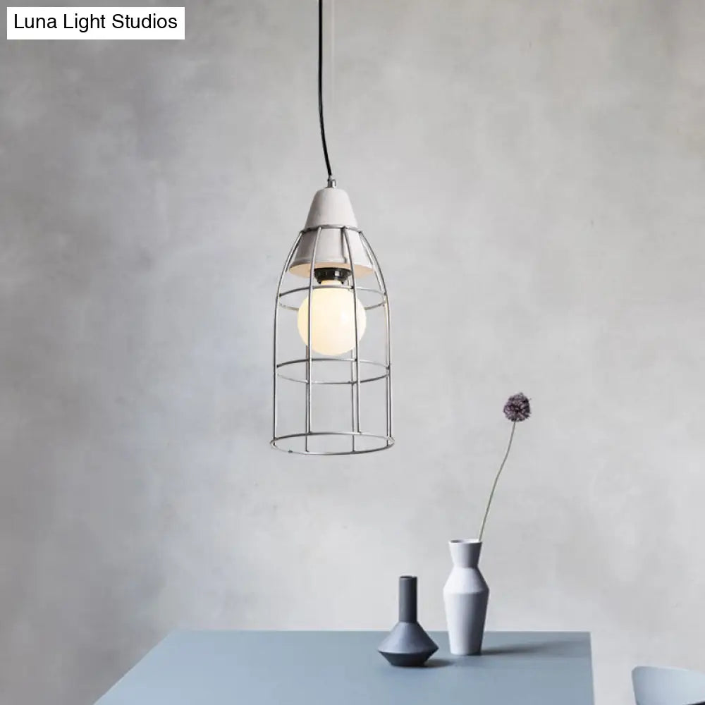 Industrial Silver Cylinder Pendant Light Fixture With Iron Head And Cage Design