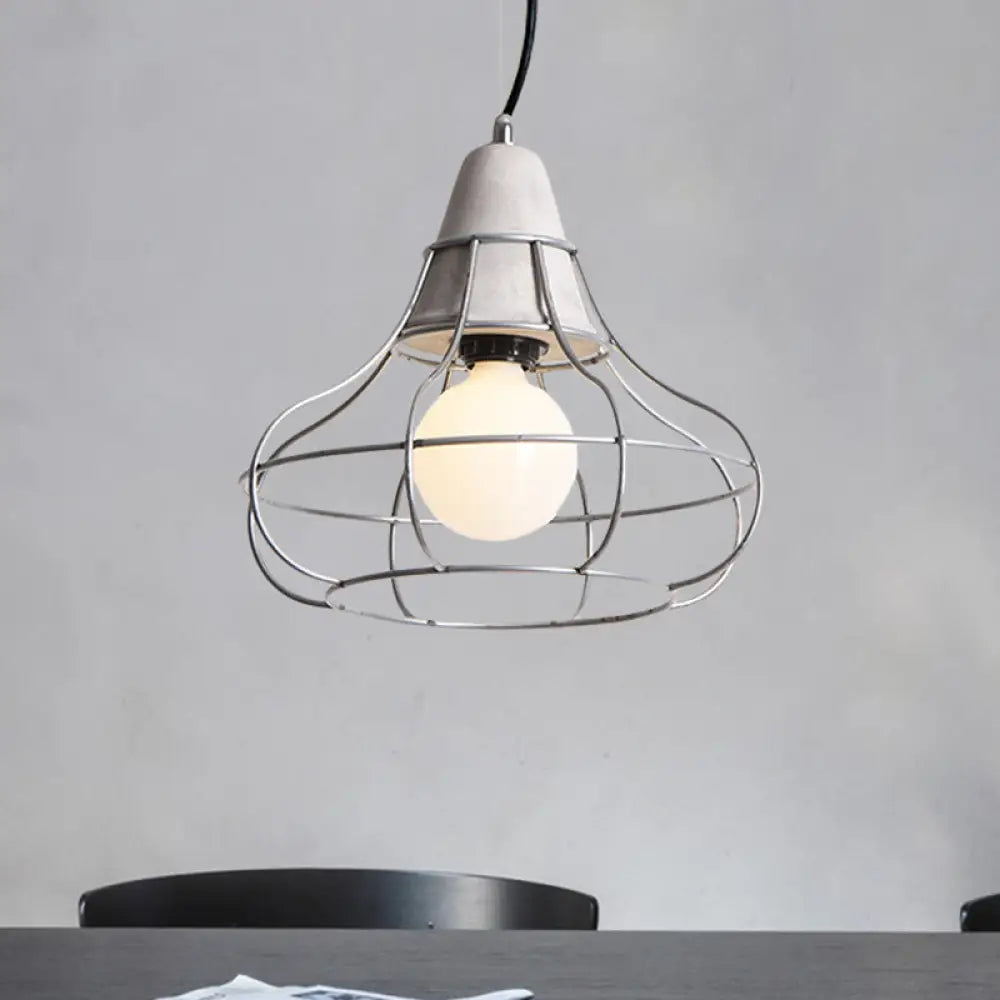Industrial Silver Cage Pendant Light Fixture For Coffee House 1 Head Iron Cement Ceiling Lamp / Arc