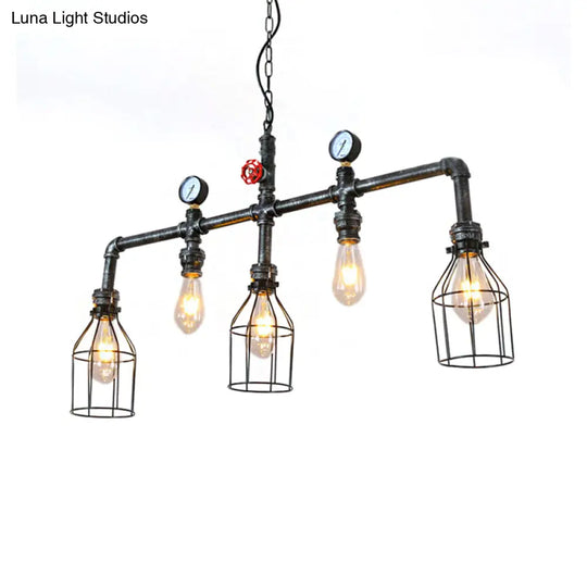 Industrial Silver Island Lighting With 5 Bulbs Metallic Caged Hanging Lamp Pipe And Pressure Gauge