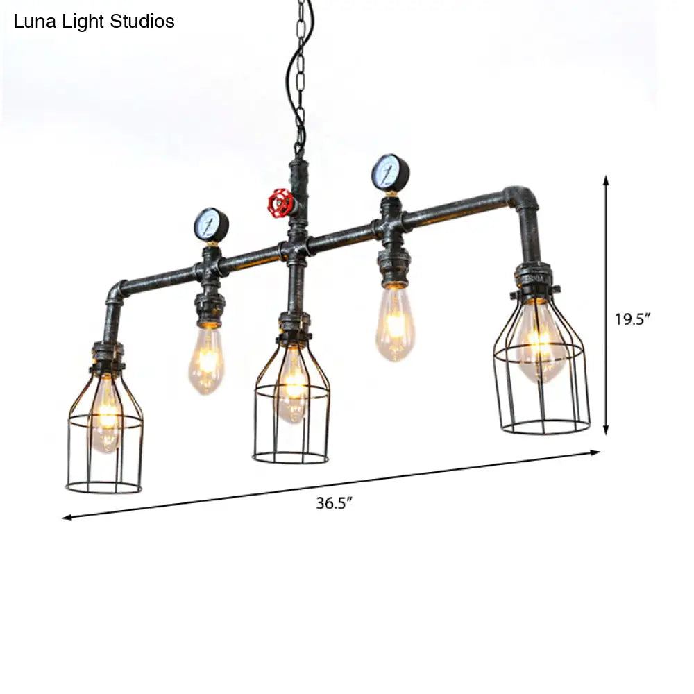 Industrial Silver Island Lighting With 5 Bulbs Metallic Caged Hanging Lamp Pipe And Pressure Gauge