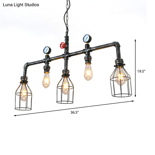 Industrial Silver Island Lighting With 5 Bulbs Metallic Caged Hanging Lamp Pipe And Pressure Gauge