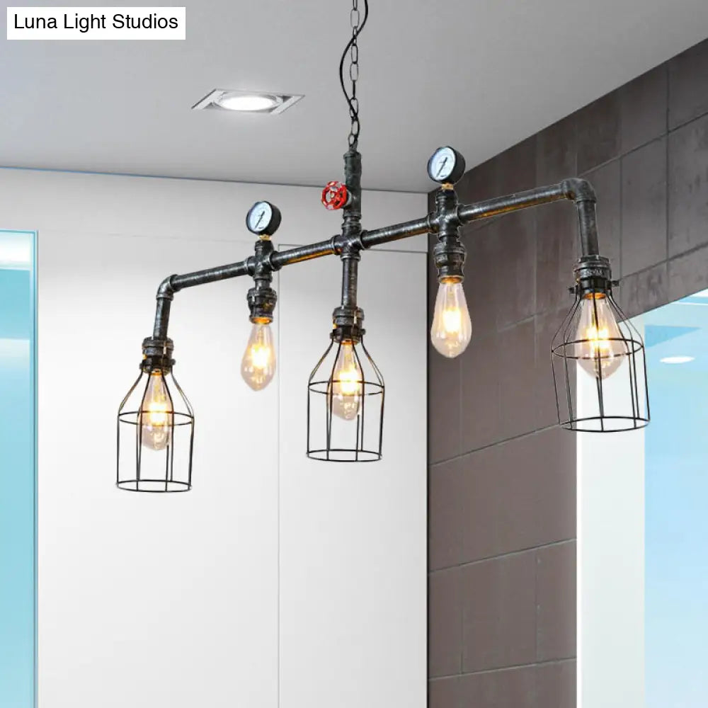 Industrial Silver Island Lighting With 5 Bulbs Metallic Caged Hanging Lamp Pipe And Pressure Gauge