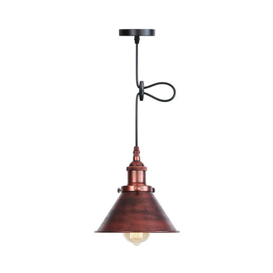 Industrial Single-Bulb Cone Pendant Light In Black/Copper/Rust With Rolled Trim And Cord Grip Rust