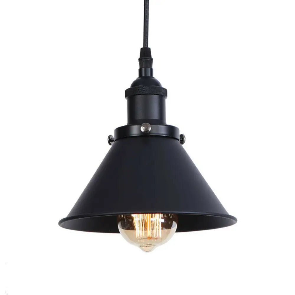 Industrial Single-Bulb Cone Pendant Light In Black/Copper/Rust With Rolled Trim And Cord Grip Black