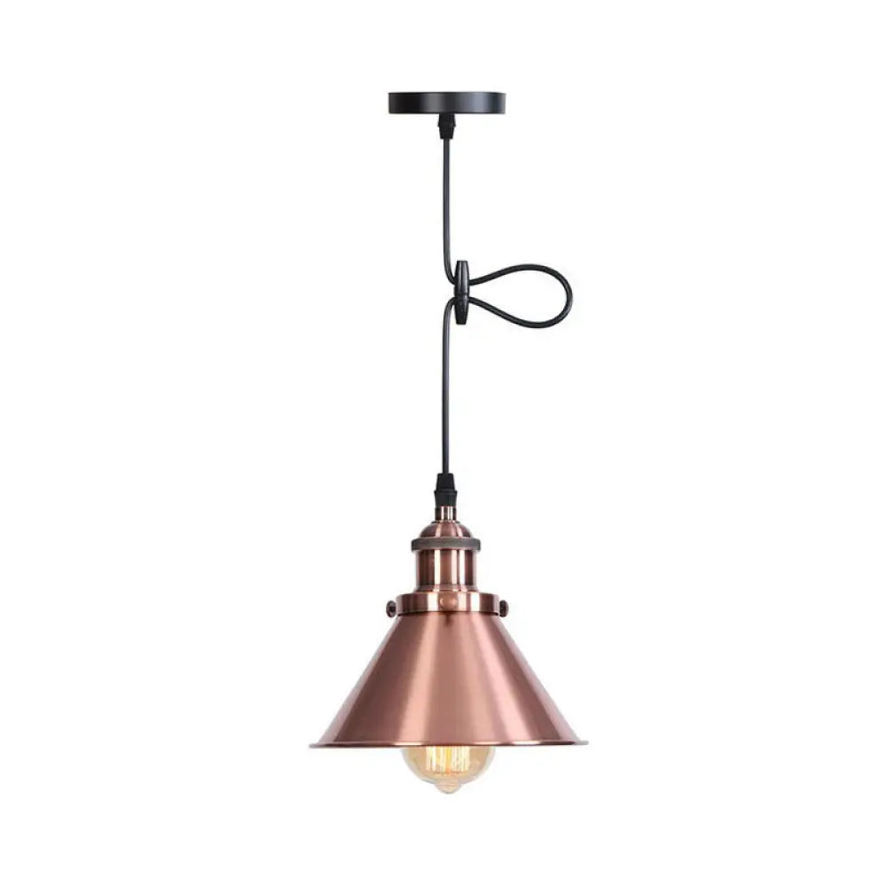 Industrial Single-Bulb Cone Pendant Light In Black/Copper/Rust With Rolled Trim And Cord Grip Copper