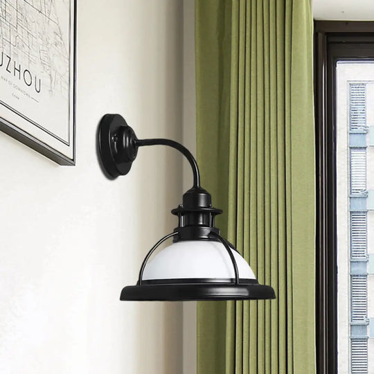 Industrial Single Bulb Glass Wall Mounted Lamp - Dome White/Green Bedroom Sconce Light In Black