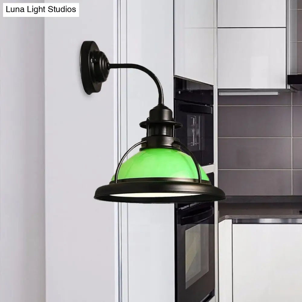 Industrial Single Bulb Glass Wall Mounted Lamp - Dome White/Green Bedroom Sconce Light In Black