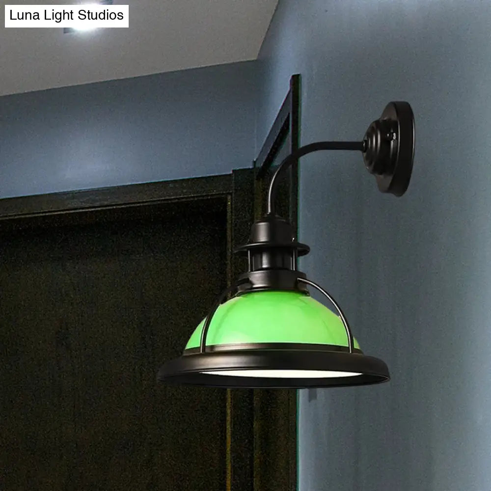 Industrial Single Bulb Glass Wall Mounted Lamp - Dome White/Green Bedroom Sconce Light In Black