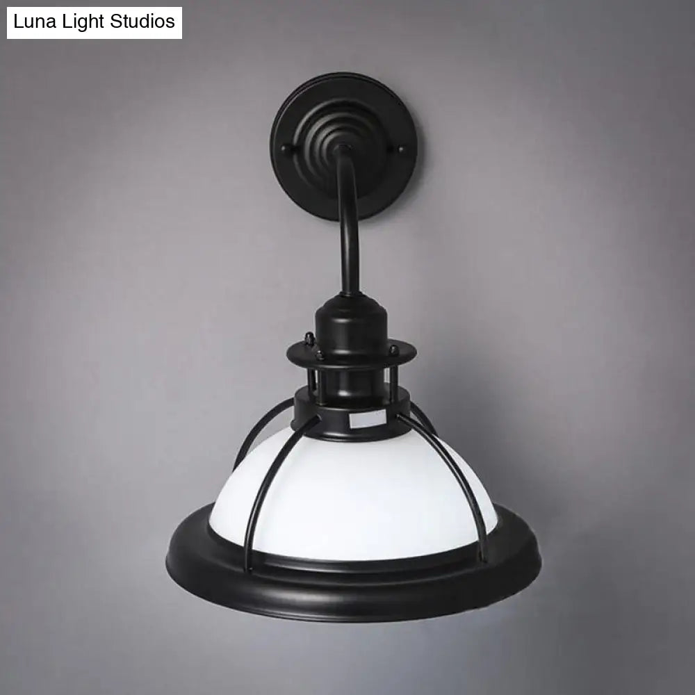 Industrial Single Bulb Glass Wall Mounted Lamp - Dome White/Green Bedroom Sconce Light In Black