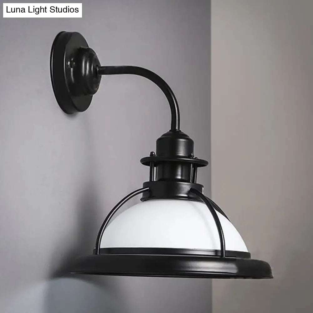 Industrial Single Bulb Glass Wall Mounted Lamp - Dome White/Green Bedroom Sconce Light In Black