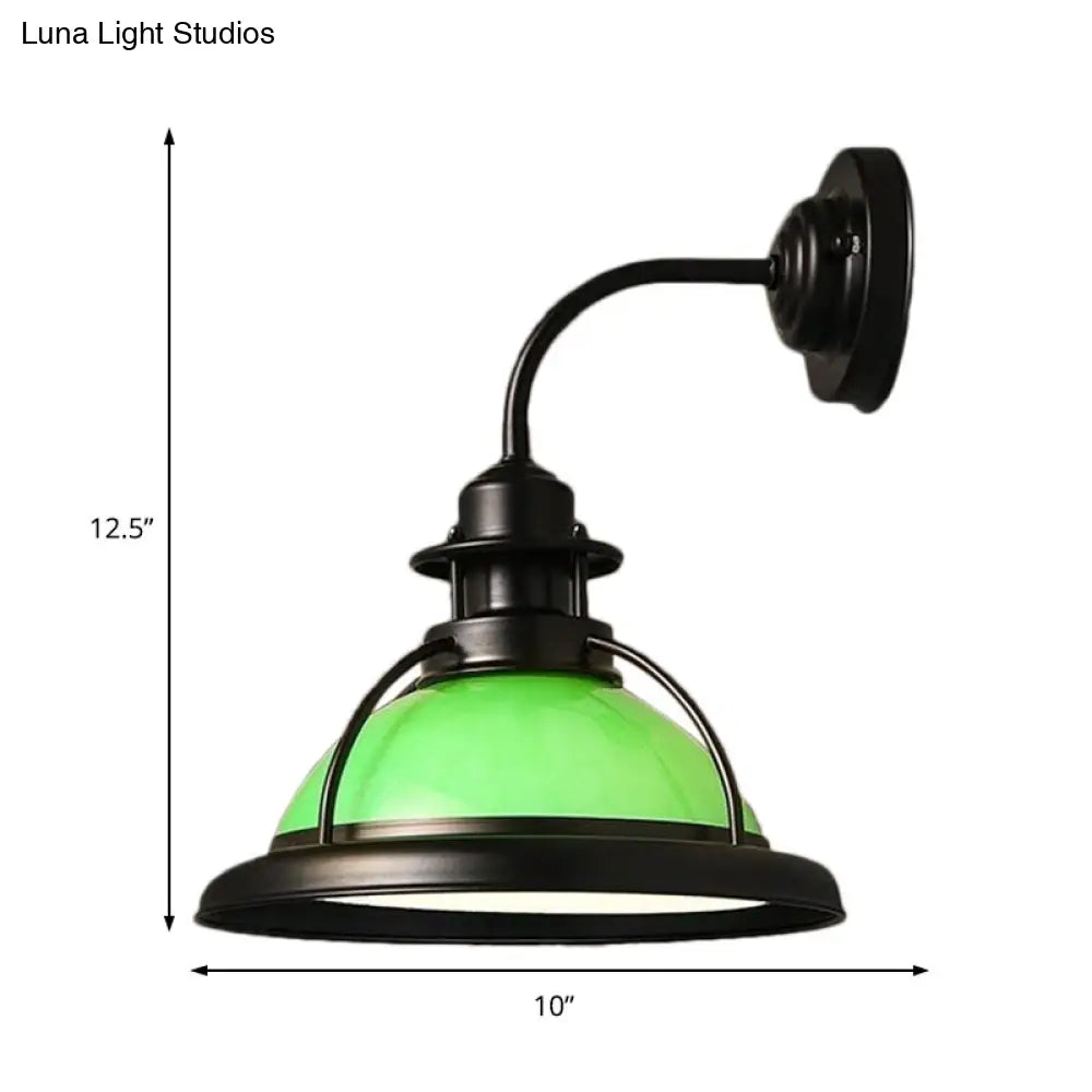 Industrial Single Bulb Glass Wall Mounted Lamp - Dome White/Green Bedroom Sconce Light In Black