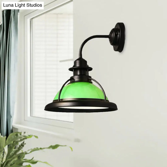 Industrial Single Bulb Glass Wall Mounted Lamp - Dome White/Green Bedroom Sconce Light In Black