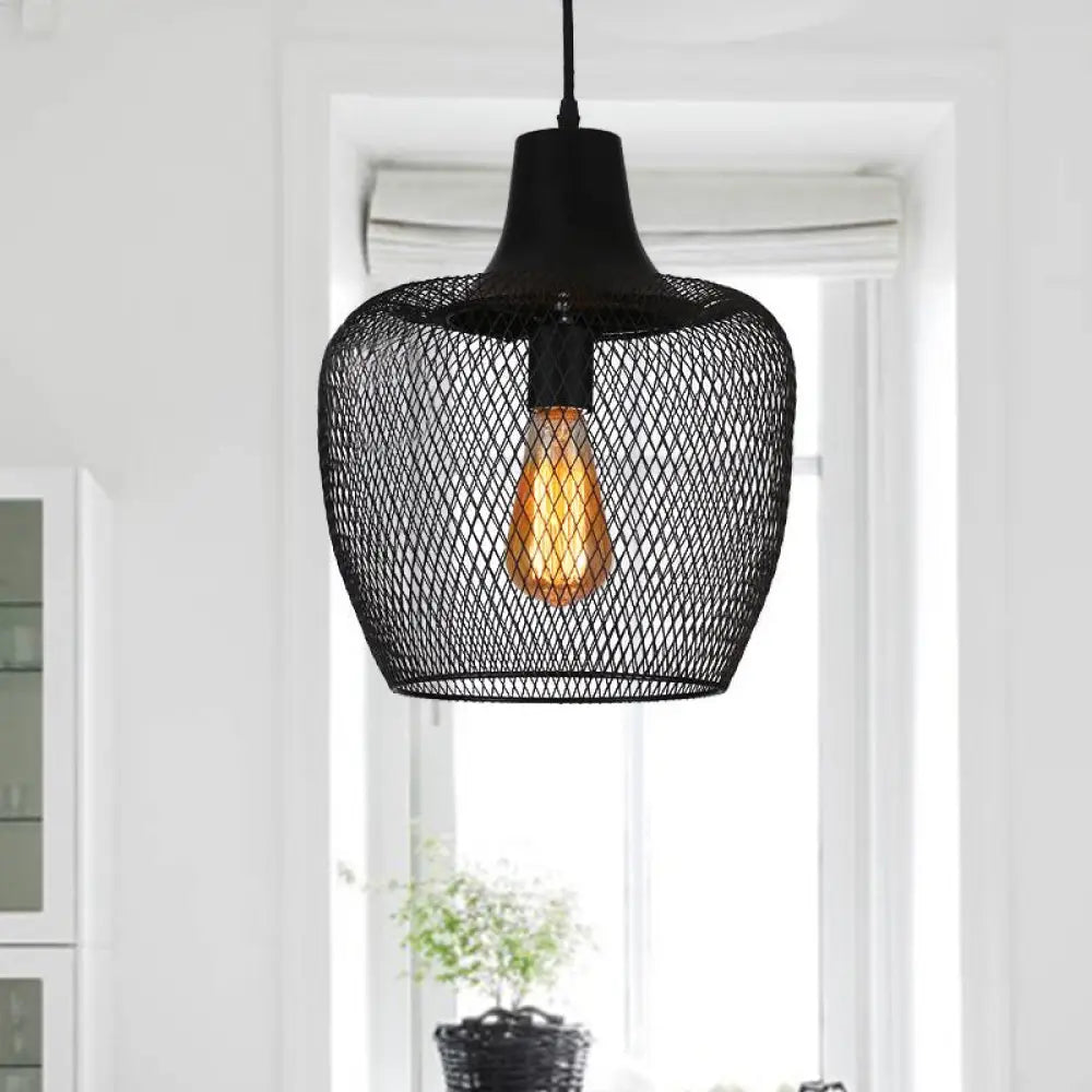 Industrial Single-Light Black Mesh Bowl Pendant Lamp For Dining Room