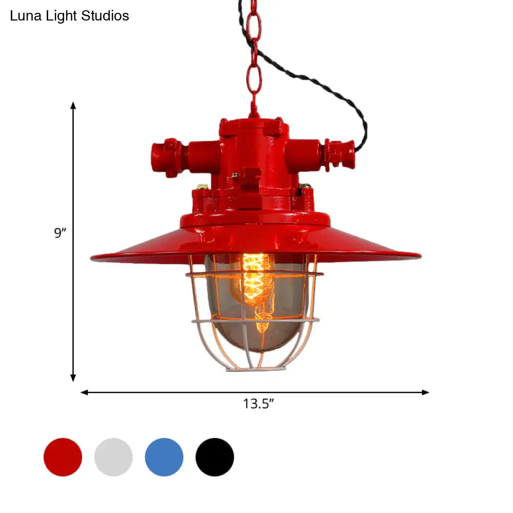 Industrial Single-Light Hanging Ceiling Pendant With Clear Glass Cone Shade In White/Red/Rust Tones