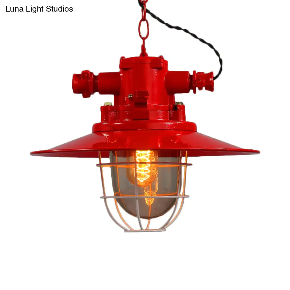 Industrial Single-Light Hanging Ceiling Pendant With Clear Glass Cone Shade In White/Red/Rust Tones