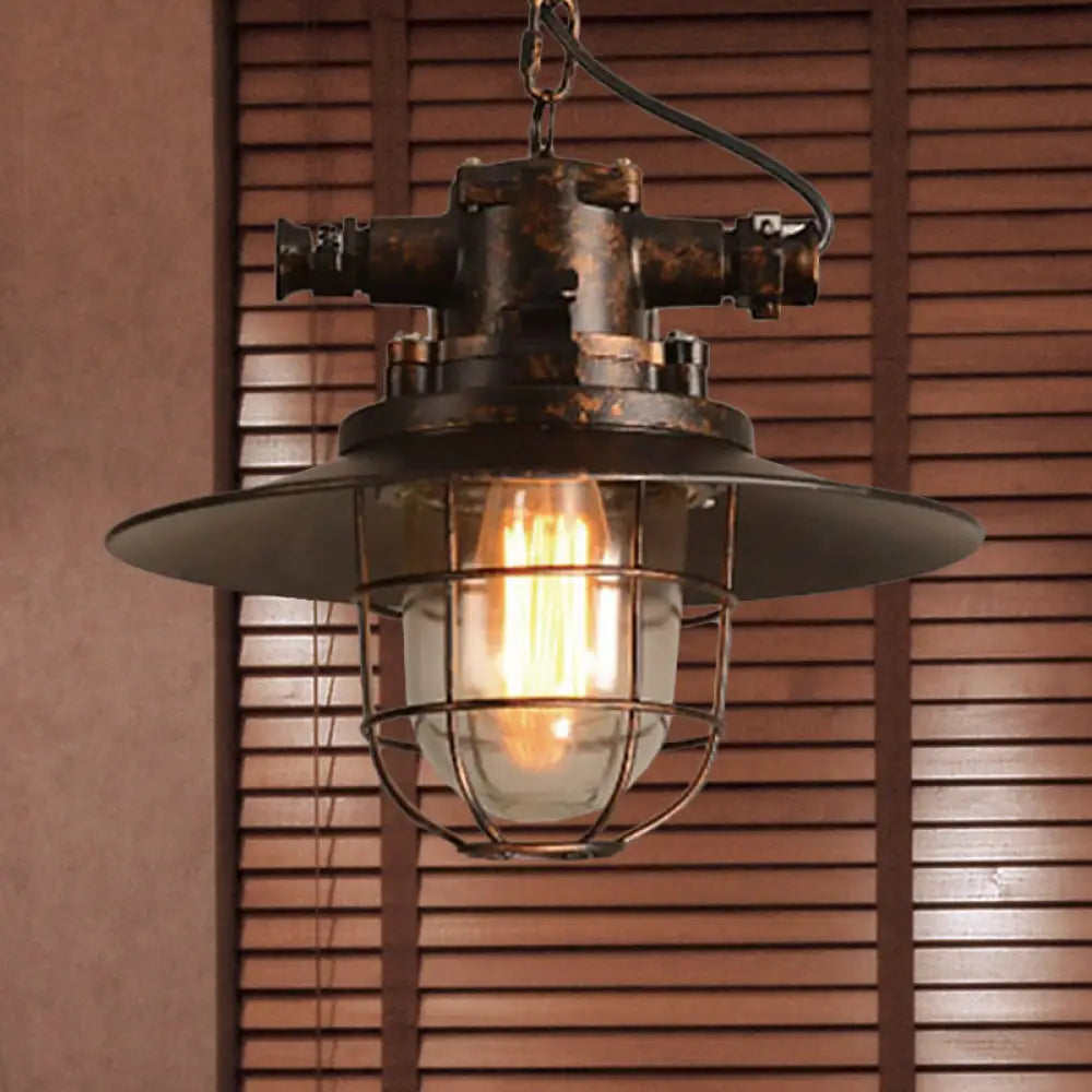 Industrial Single-Light Hanging Ceiling Pendant With Clear Glass Cone Shade In White/Red/Rust Tones