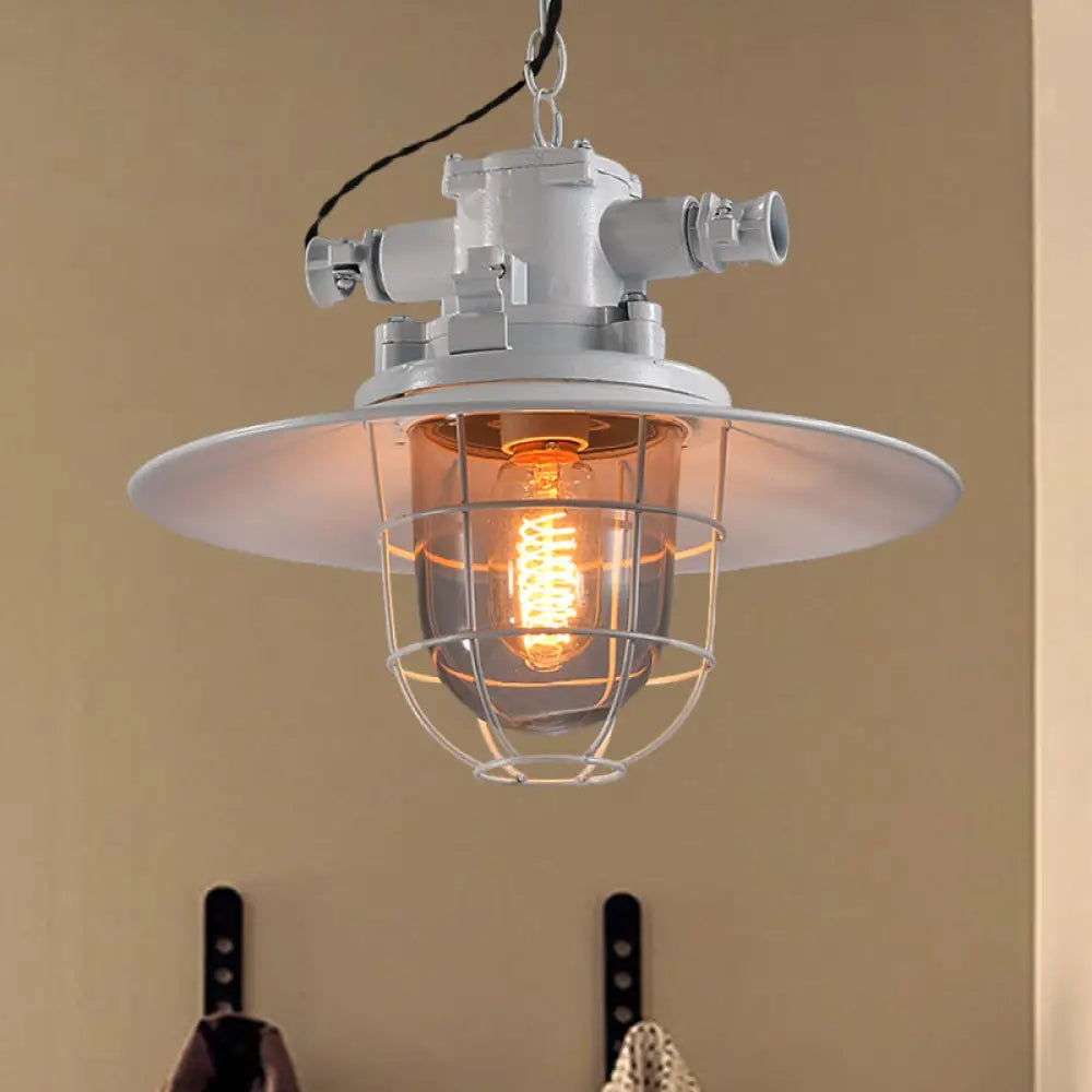 Industrial Single-Light Hanging Ceiling Pendant With Clear Glass Cone Shade In White/Red/Rust Tones