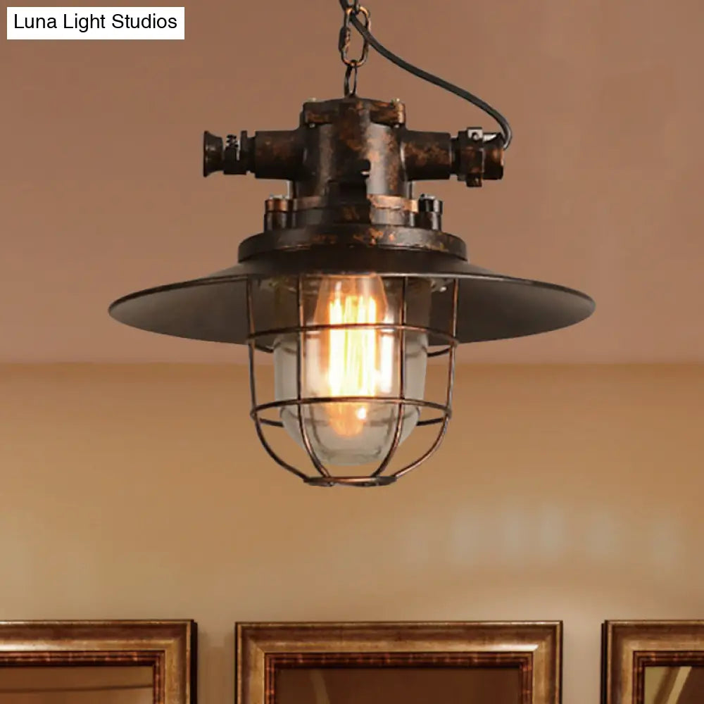 Industrial Single-Light Hanging Ceiling Pendant With Clear Glass Cone Shade In White/Red/Rust Tones