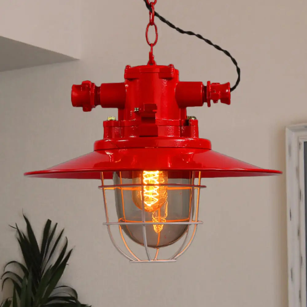 Industrial Single-Light Hanging Ceiling Pendant With Clear Glass Cone Shade In White/Red/Rust Tones