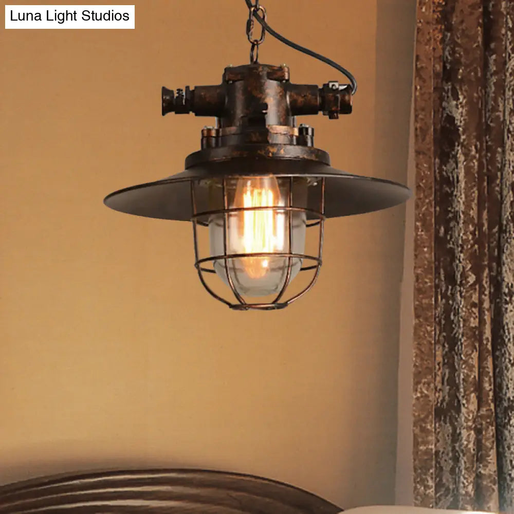 Industrial Single-Light Hanging Ceiling Pendant With Clear Glass Cone Shade In White/Red/Rust Tones