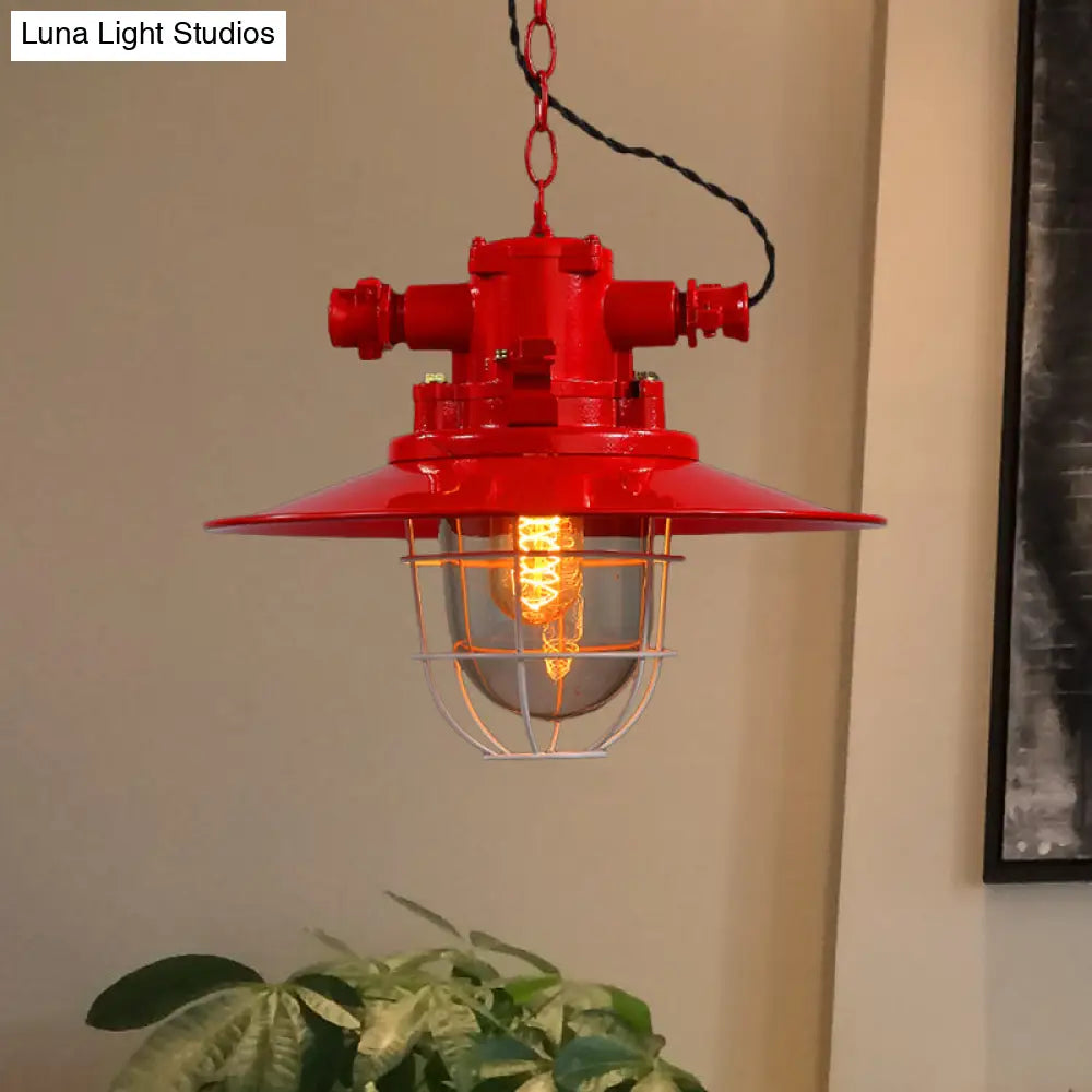 Industrial Single-Light Hanging Ceiling Pendant With Clear Glass Cone Shade In White/Red/Rust Tones