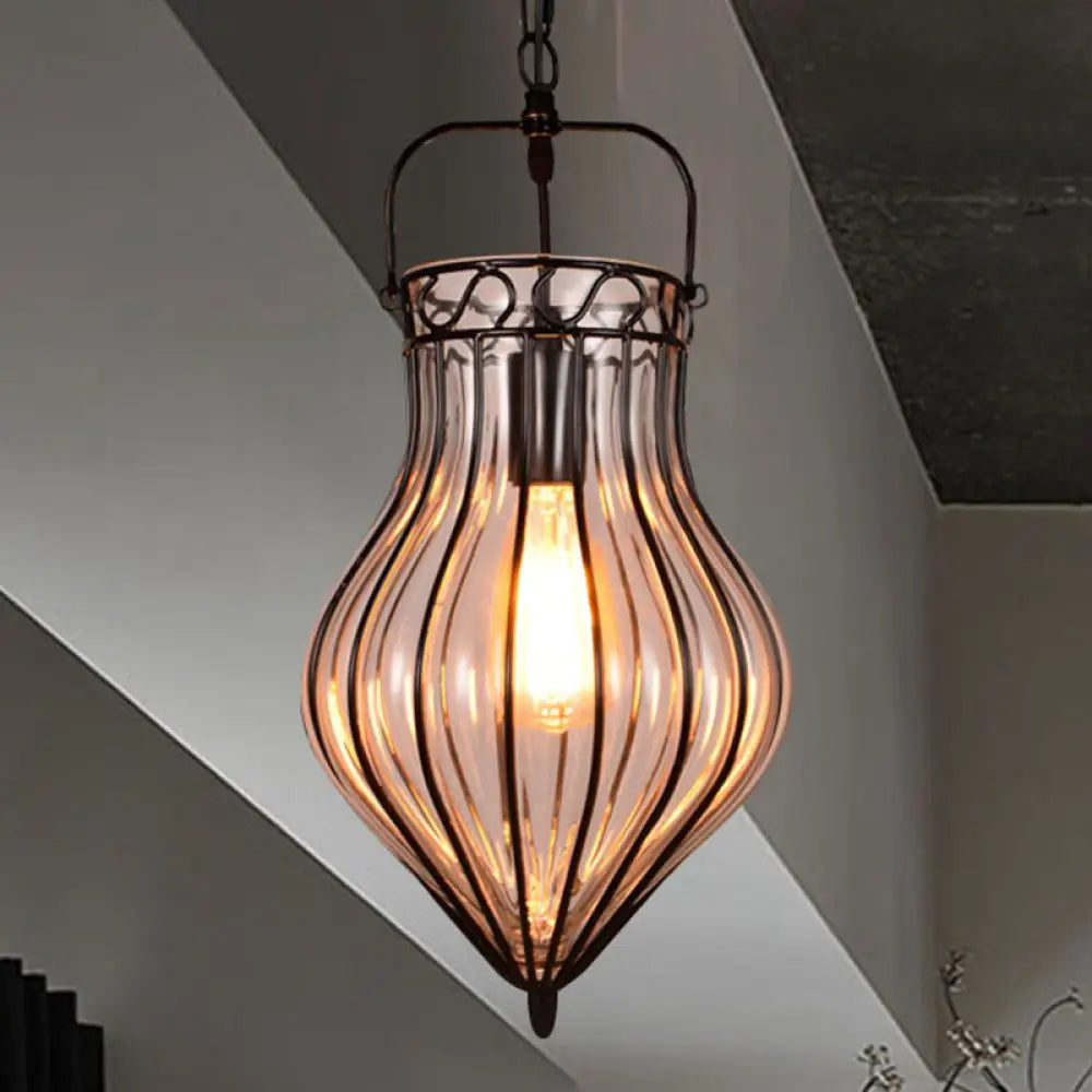 Industrial Single Pendant Light With Clear Glass Teardrop And Black Finish For Restaurants / A