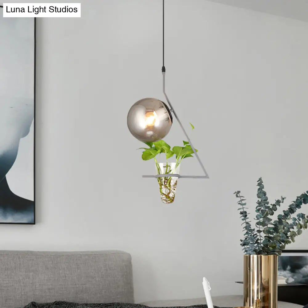 Industrial Smoke Gray Glass Sphere Bedroom Suspension Light With Plant Cup