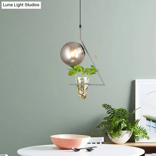 Industrial Smoke Gray Glass Sphere Bedroom Suspension Light With Plant Cup Grey