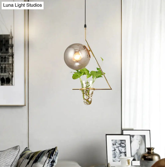 Industrial Smoke Gray Glass Sphere Bedroom Suspension Light With Plant Cup