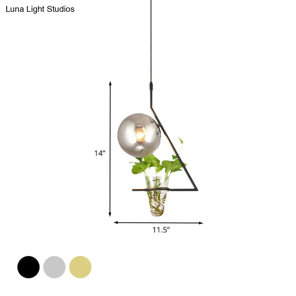 Industrial Smoke Gray Glass Sphere Bedroom Suspension Light With Plant Cup