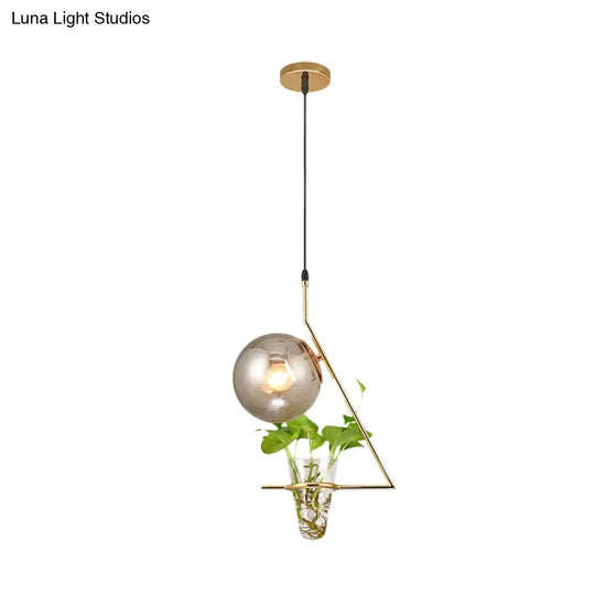 Industrial Smoke Gray Glass Sphere Bedroom Suspension Light With Plant Cup