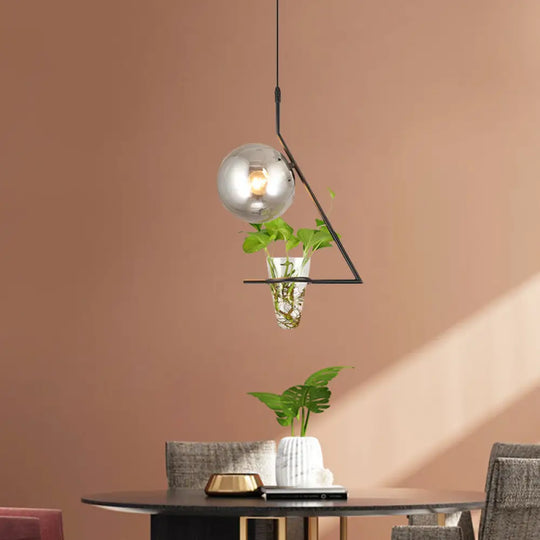 Industrial Smoke Gray Glass Sphere Bedroom Suspension Light With Plant Cup Black