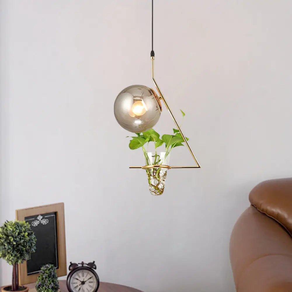 Industrial Smoke Gray Glass Sphere Bedroom Suspension Light With Plant Cup Gold