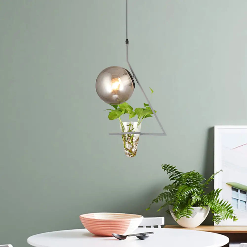 Industrial Smoke Gray Glass Sphere Bedroom Suspension Light With Plant Cup Grey