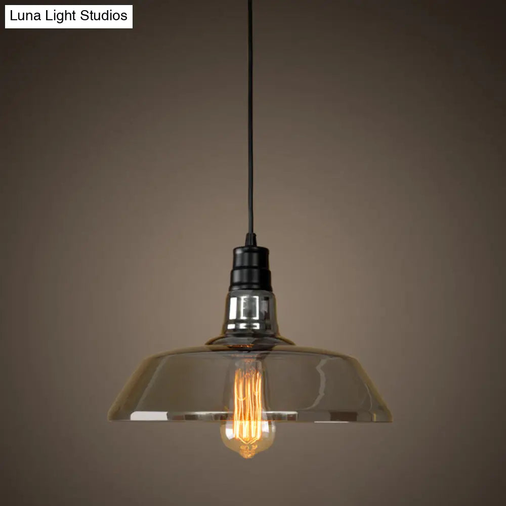 Industrial Black Barn Shaped Pendant Light With Smoke Grey Glass - Diner Suspension Lighting Gray