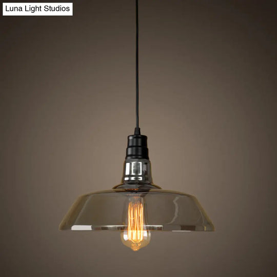 Industrial Black Barn Shaped Pendant Light With Smoke Grey Glass - Diner Suspension Lighting Gray