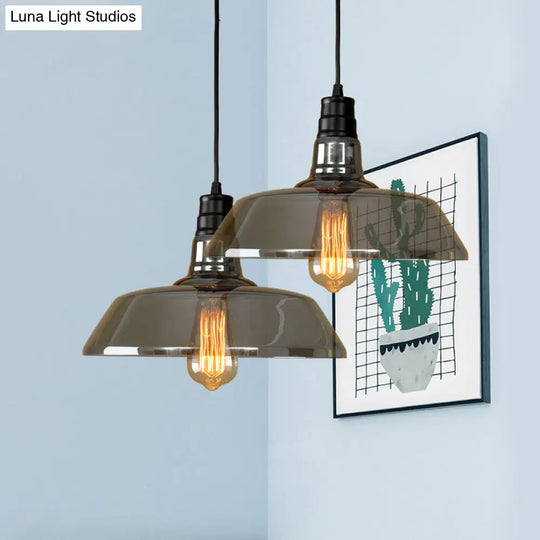 Industrial Smoke Grey Glass Pendant Light - Barn Shaped Diner Suspension Lighting With 1 Bulb