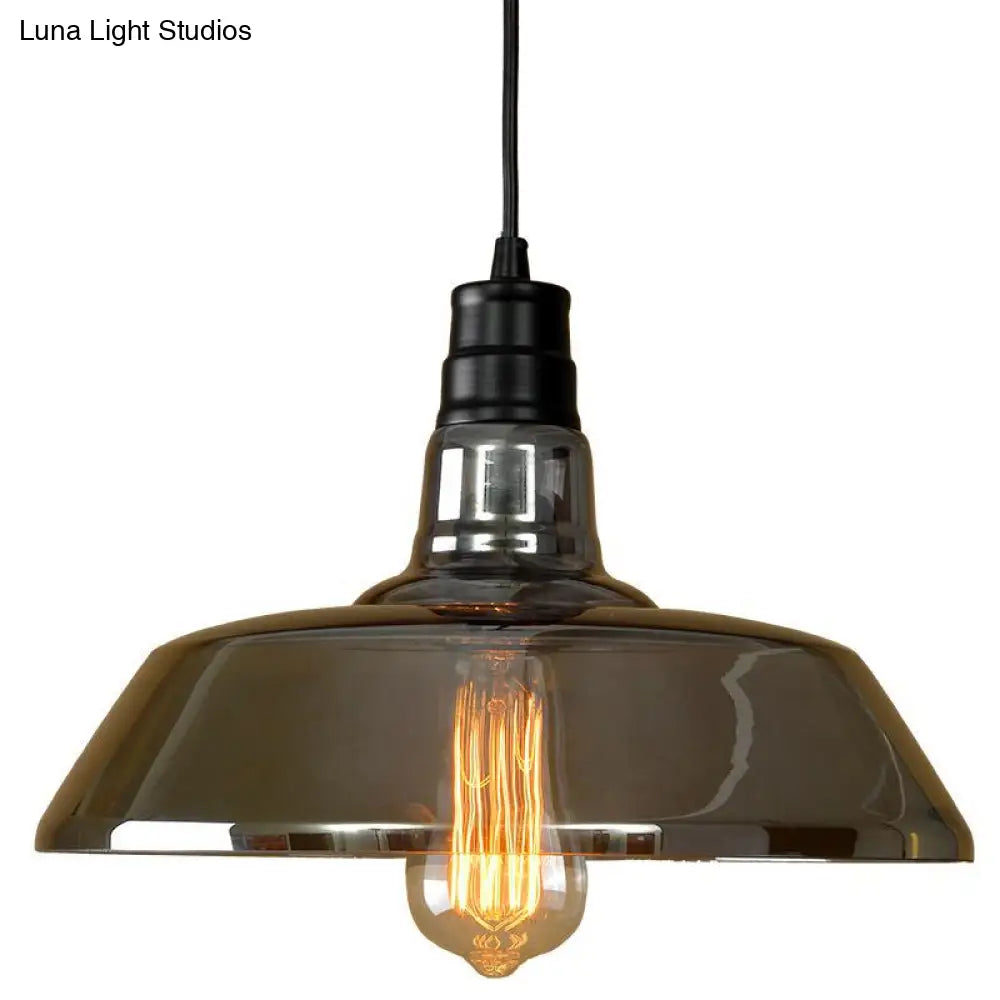 Industrial Smoke Grey Glass Pendant Light - Barn Shaped Diner Suspension Lighting With 1 Bulb