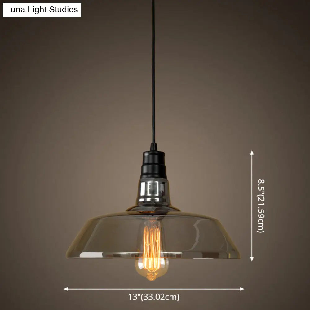 Industrial Black Barn Shaped Pendant Light With Smoke Grey Glass - Diner Suspension Lighting