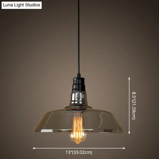 Industrial Black Barn Shaped Pendant Light With Smoke Grey Glass - Diner Suspension Lighting