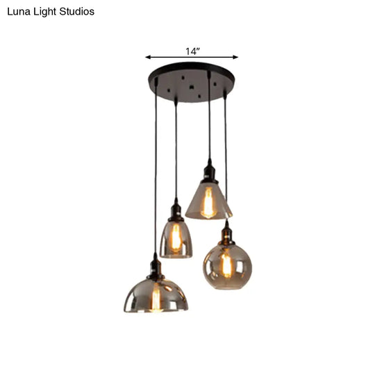 Industrial Smoked Glass Geometric Pendant Light Cluster With Black 3/4 Lights Linear/Round Canopy