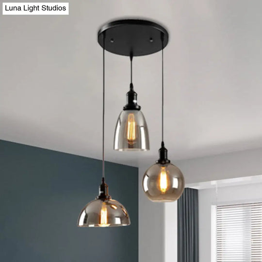 Industrial Smoked Glass Geometric Pendant Light Cluster With Black 3/4 Lights Linear/Round Canopy