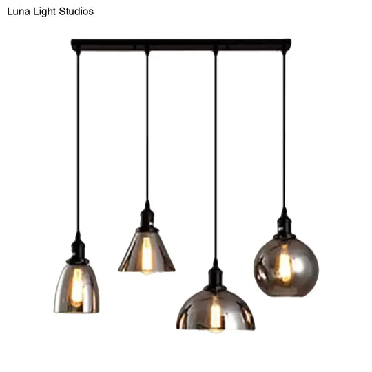 Industrial Smoked Glass Geometric Pendant Light Cluster With Black 3/4 Lights Linear/Round Canopy