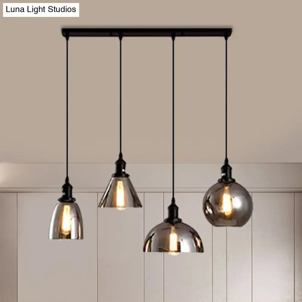 Industrial Smoked Glass Geometric Pendant Light Cluster With Black 3/4 Lights Linear/Round Canopy